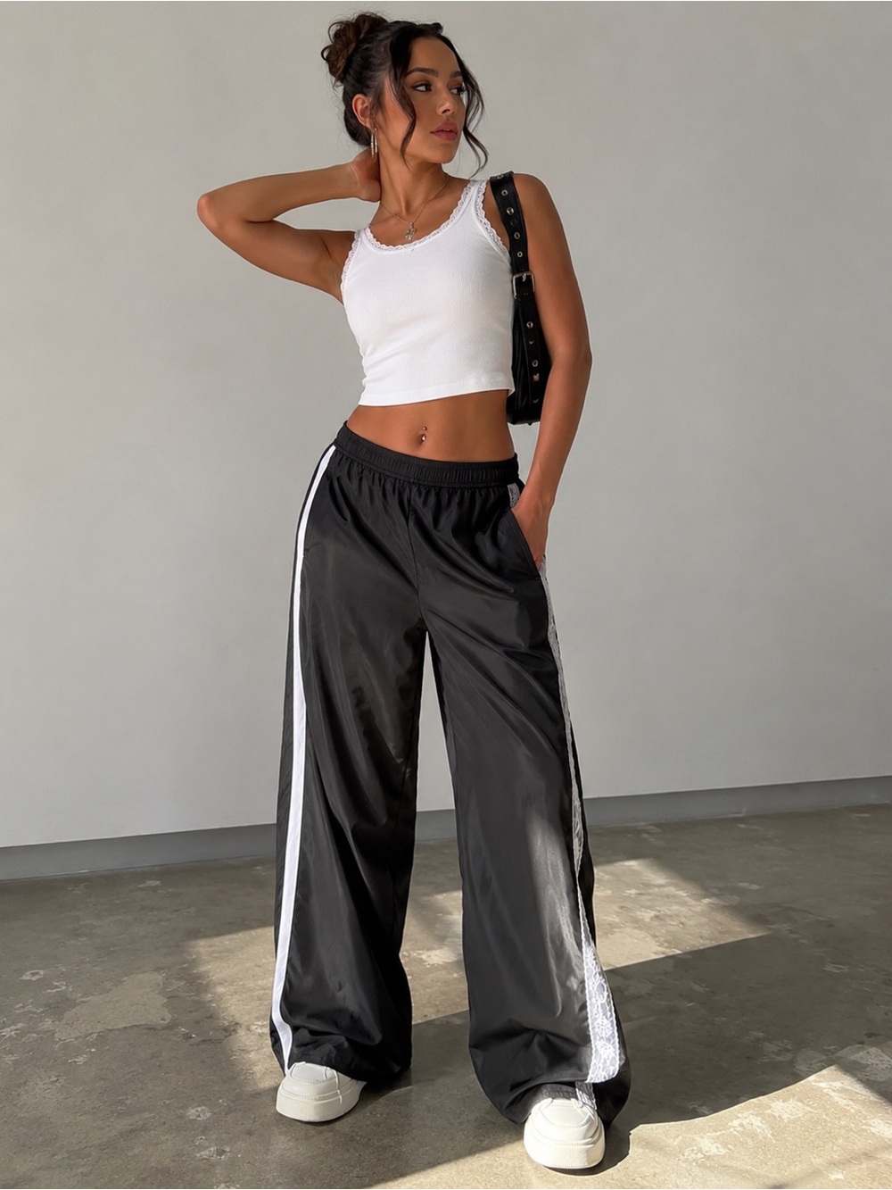 Fashion Nova Black Lace Side Stripe Wide Leg Track Pants Y2K Coquette M